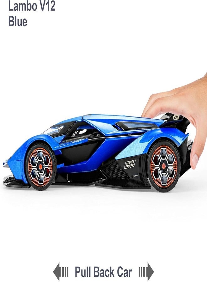 TONIRY Scale Exclusive Alloy Metal Pull Back Die-cast Car Model with Sound Light Mini Auto Toy for Kids Metal Model Toy Car with Sound and Light (1:22 Scale Lamborghini RANBO V12GT-BLUE) - Image 3